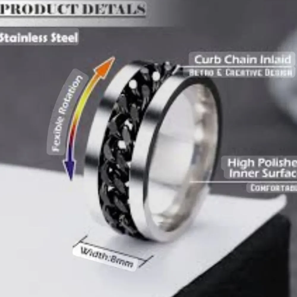Men's or Women's Polished Silver Titanium Ring with Black Spinner  Chain